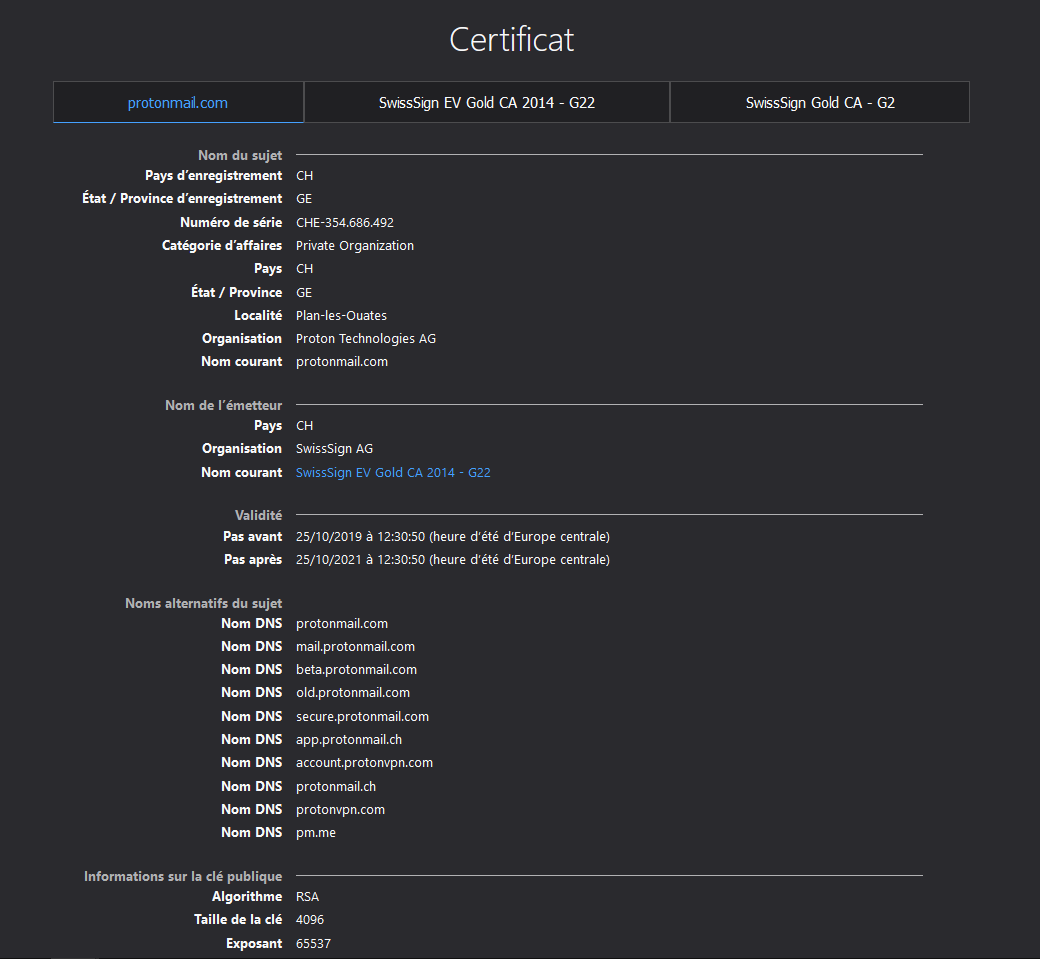 Capture d'écran des informations contenues dans le certificat du site protonmail.com