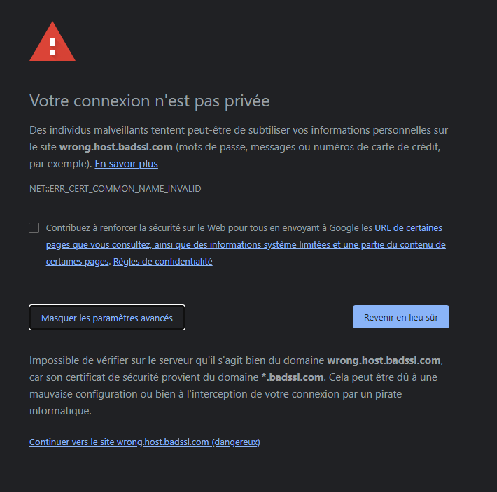 Alerte de Chrome concernant un certificat destiné à un autre nom de domaine